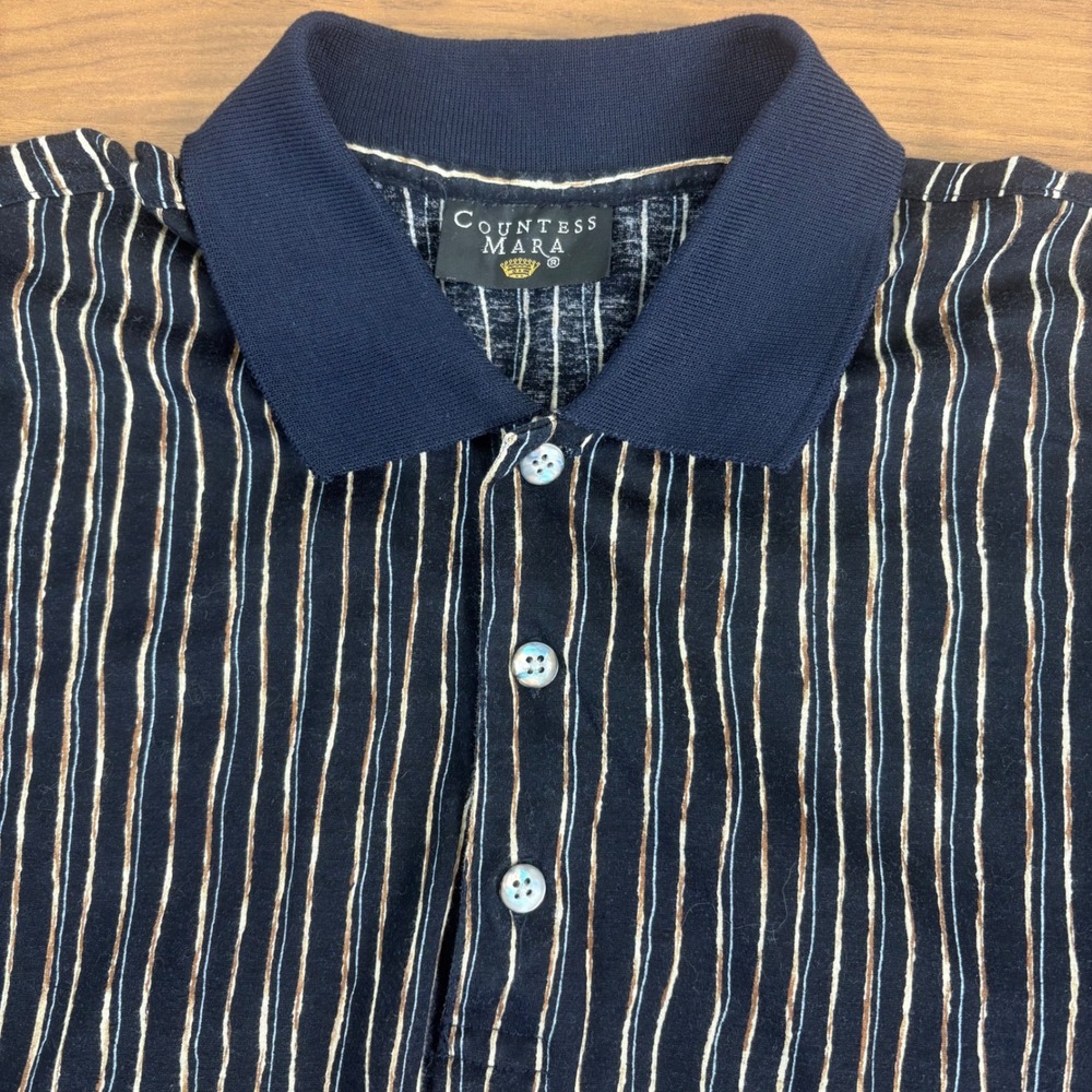 Countess Mara Mens‎ L Striped Black Blue Polo Shirt Short Sleeve Casual Cotton